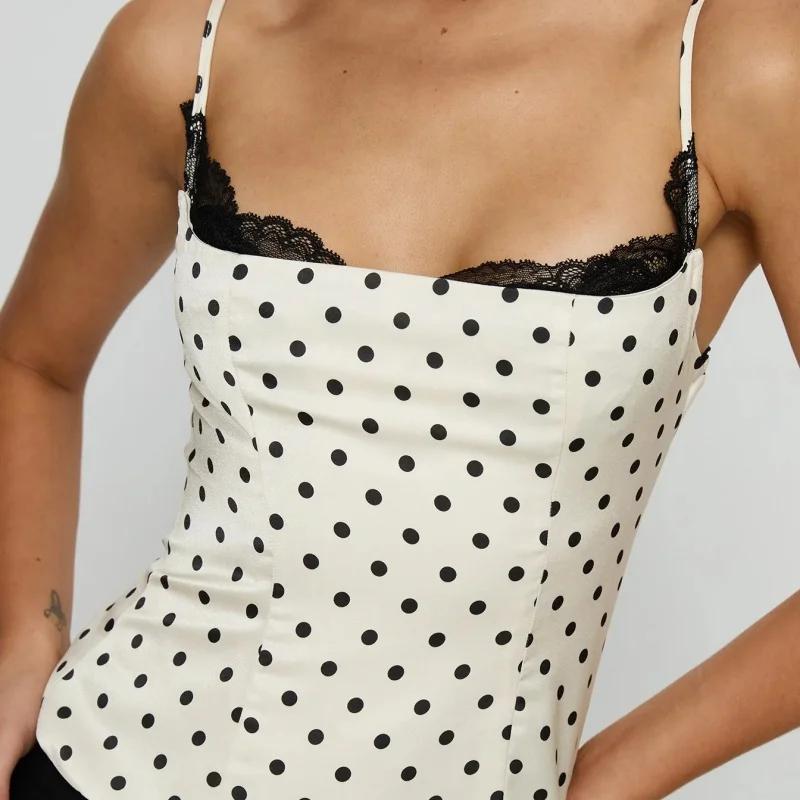 Femmes à pois dentelle garniture Cami haut Sexy dos nu sans manches mince ajusté Camisole haut Vinta