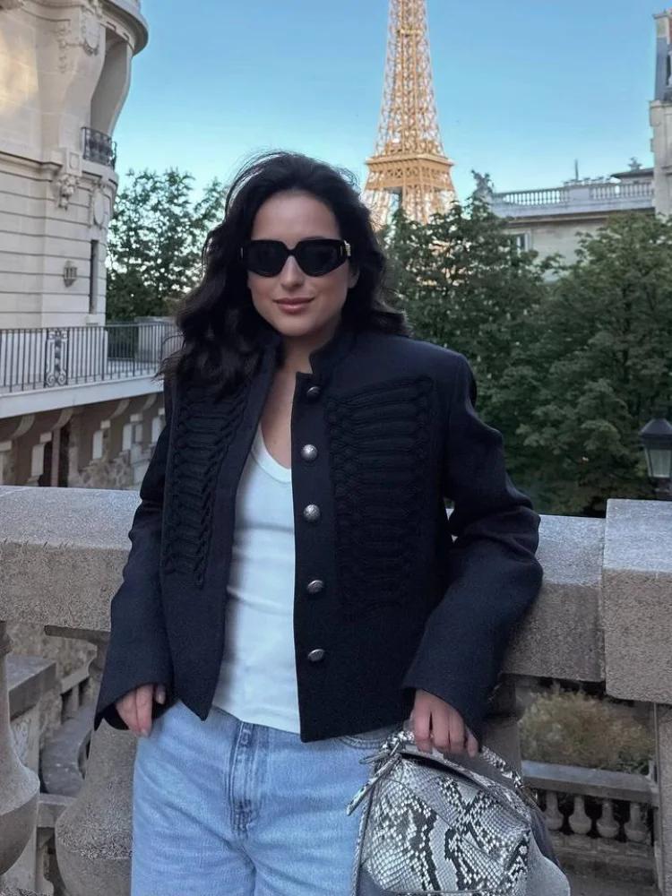 Veste Vintage Femme Col Montant Simple Boutonnage Manches Longues Style Napoléon Manteau Chic Haut d