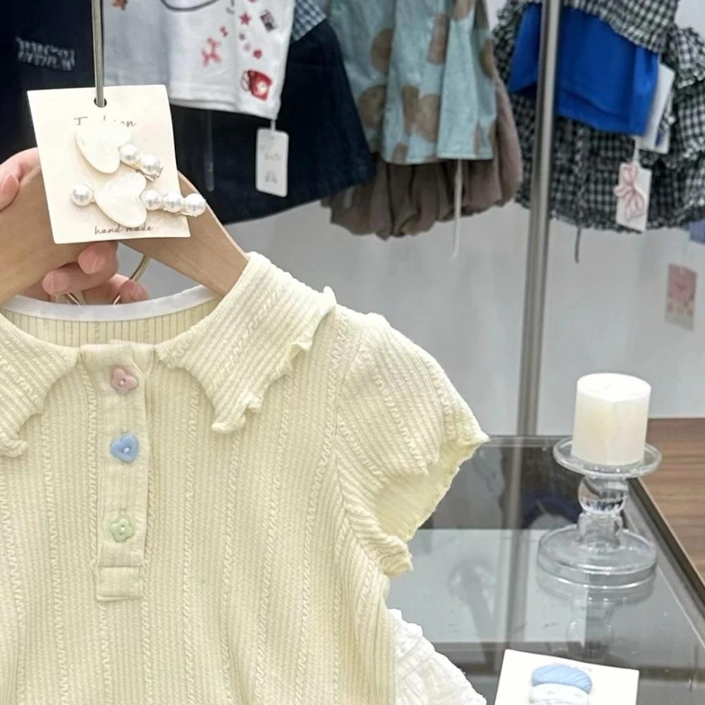 Nouvel ensemble d'été pour filles de 2 à 7 ans : haut polyvalent à col, dentelle et demi-manches bou