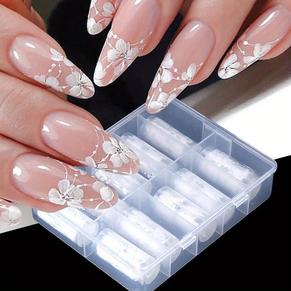 Feuilles autocollantes de transfert d'ongles, 10 rouleaux de pétales de fleurs blanches élégantes, p