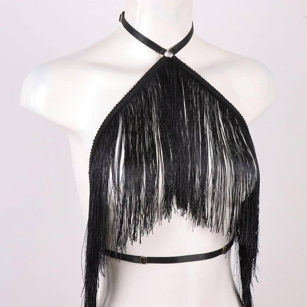 Haut licou à pampilles noires pour femmes, harnais élastique réglable, vêtements toutes saisons, hau