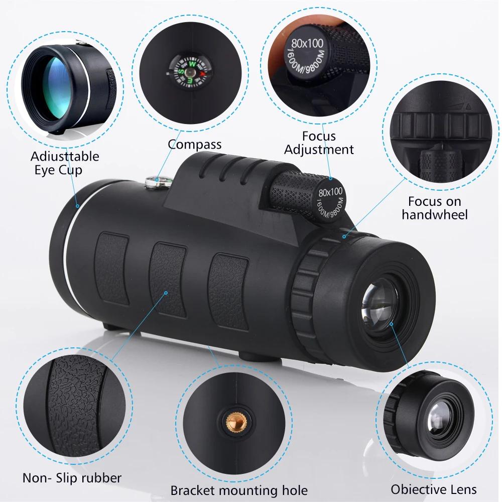 Télescope monoculaire 80x100 HD, n'aime injuste, pour l'extérieur, portable, longue portée, étanche,