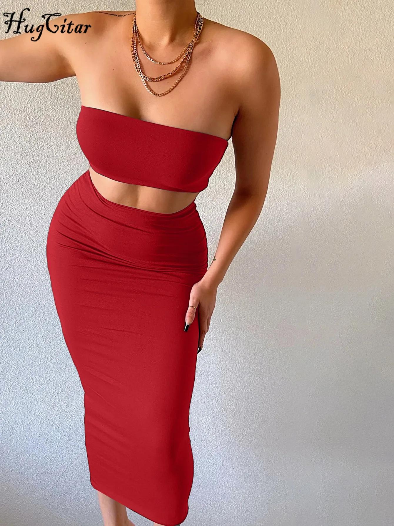 Hugcitar femmes élégant 2 pièces ensembles sans bretelles Sexy Tube culture débardeur Maxi jupe 2025