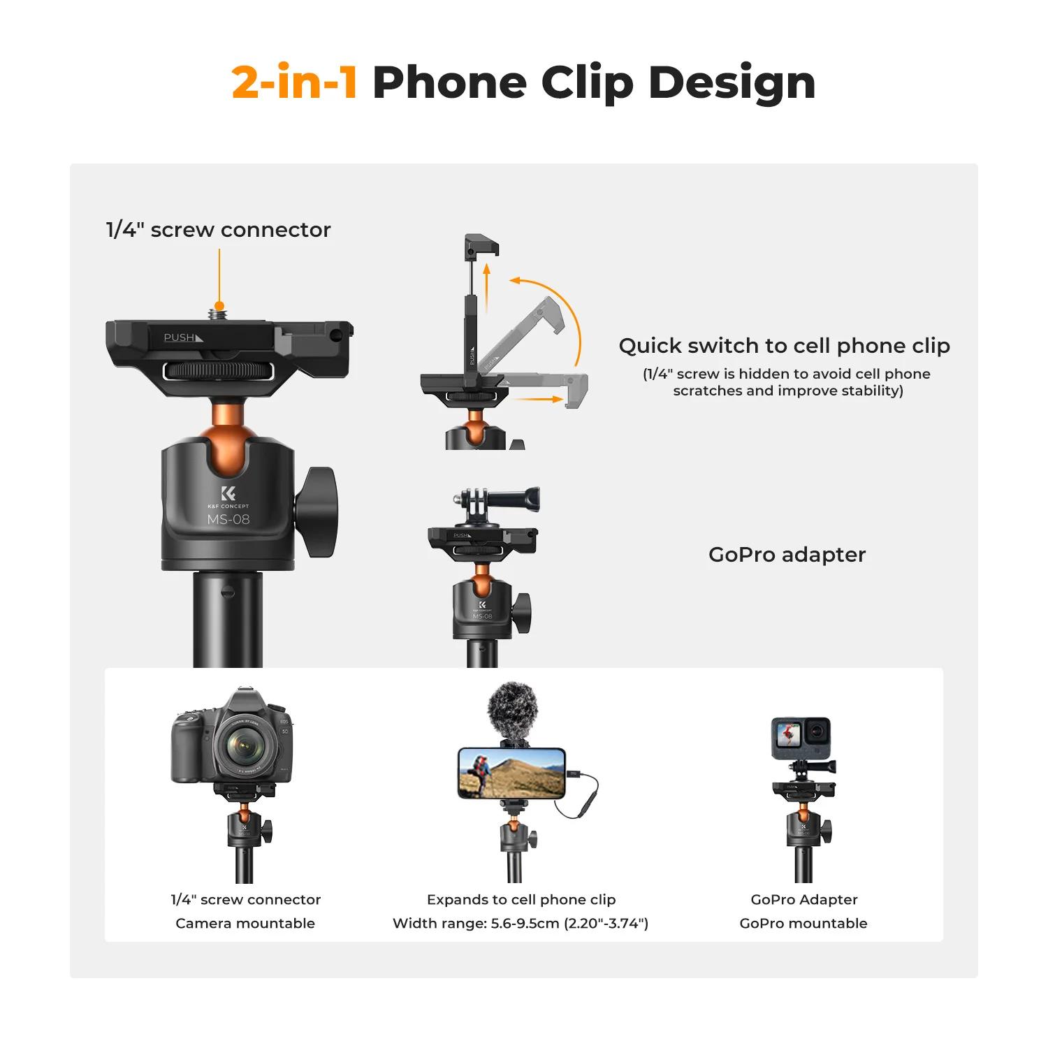 K&F CONCEPT Trépied pour téléphone portable, bâton de selfie et télécommande Bluetooth, trépied exte