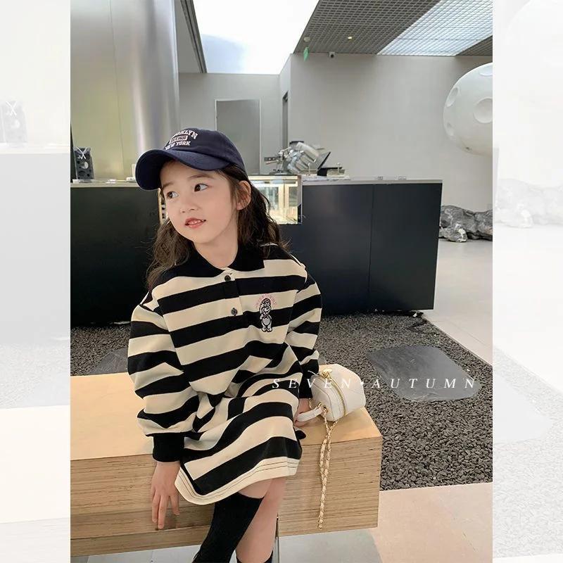 Robes à rayures pour filles, automne printemps, manches longues, col polo, sweat-shirt, mode enfants