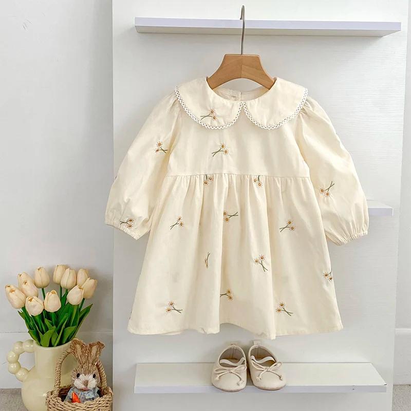 Vêtements de printemps pastorale pour petites filles, robe d'automne en coton brodé à fleurs, robe d