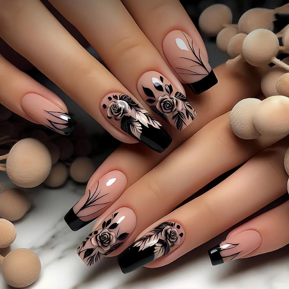 Faux ongles courts et moyens, violet, bleu, rouge, marron, fleurs noires, papillon, automne-hiver, p