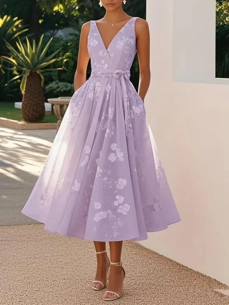 Robe longue élégante imprimée à col en V, sans manches, en maille, avec nœud à la taille, pour femme