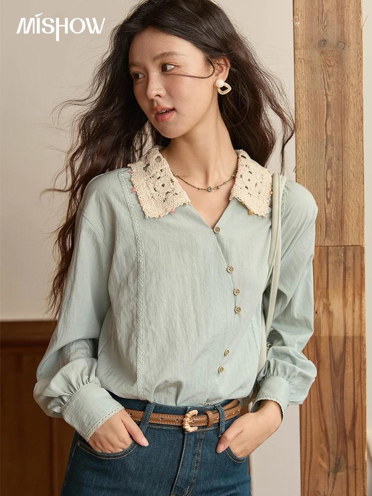 MISHOW chemise en lin pour femmes 2025 automne contraste abricot revers chemises à manches longues p
