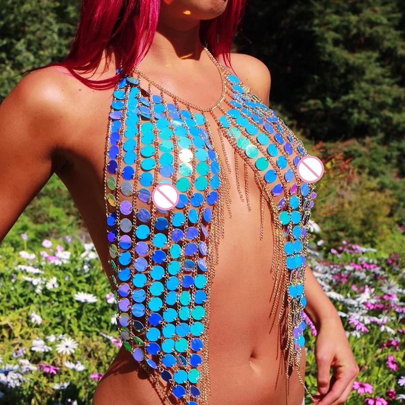 FestivalQueen-Haut court à pampilles à paillettes pour femmes, Camisoles de fête colorées, Vêtements