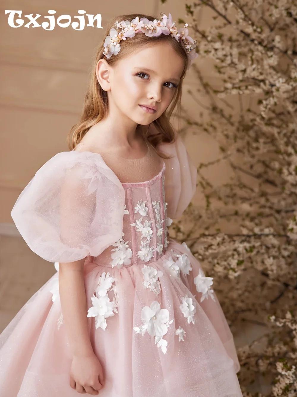 Robes de demoiselles d'honneur en paillettes roses pour mariage, robe de princesse à manches bouffan
