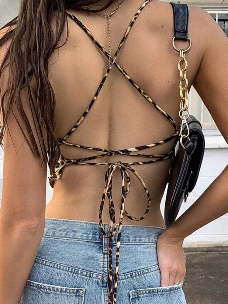 Débardeur à motif léopard pour femmes, dos nu, Sexy, tenues Rave, sans manches, croisé, à lacets, Br