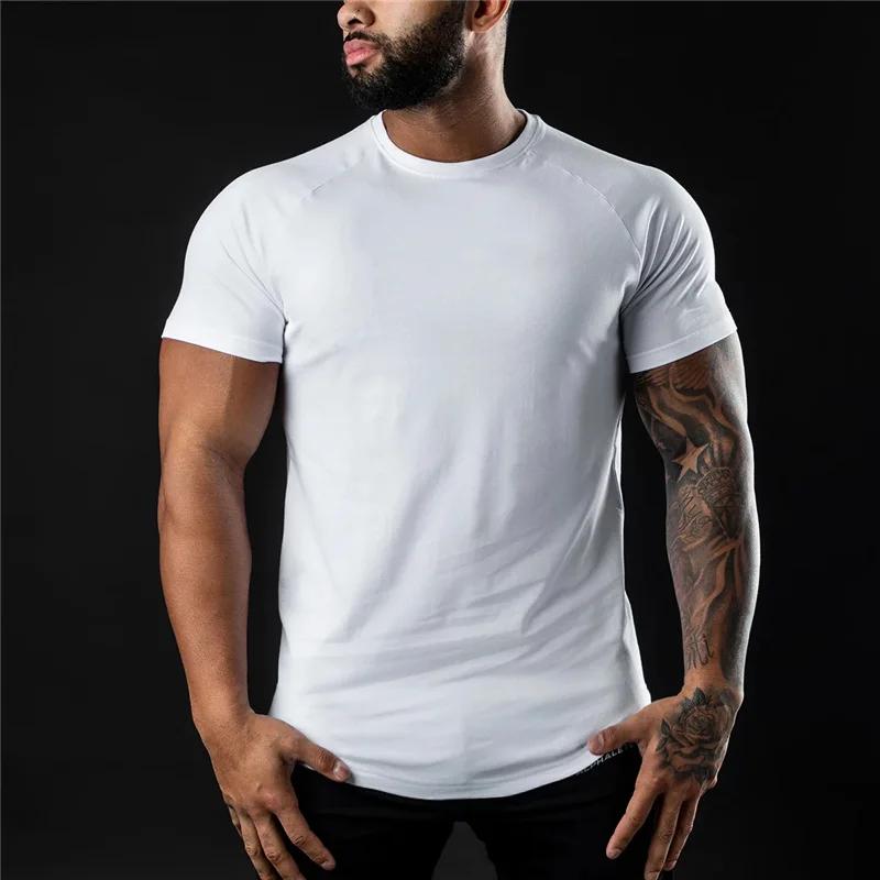 T-shirt de gymnastique uni pour hommes, vêtements de Fitness d'été, col rond, manches courtes, en co