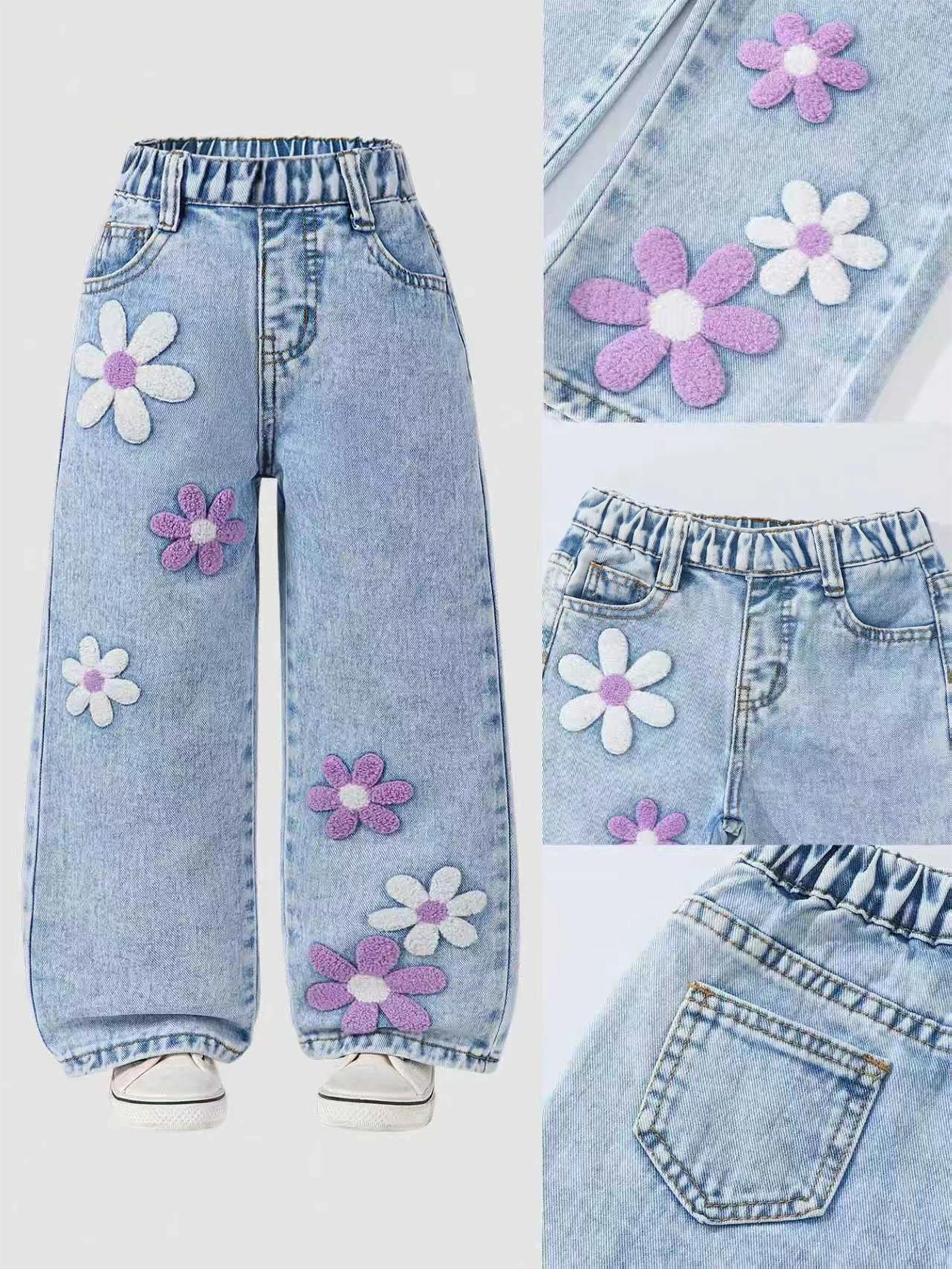 Jean en denim à pois pour filles, imprimé floral, tendance, taille ample, pantalon décontracté polyv