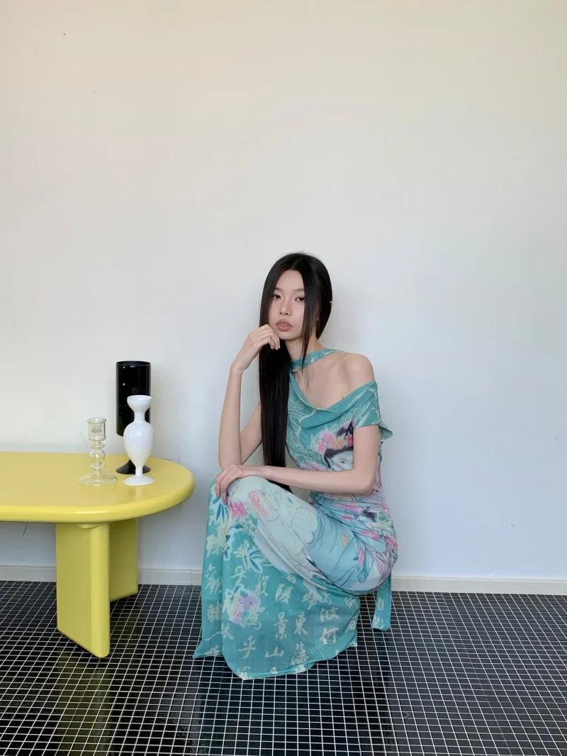 CHEERART mythe fée imprimé Vintage hors de l'épaule robe Maxi femmes maille tuniques moulante longue