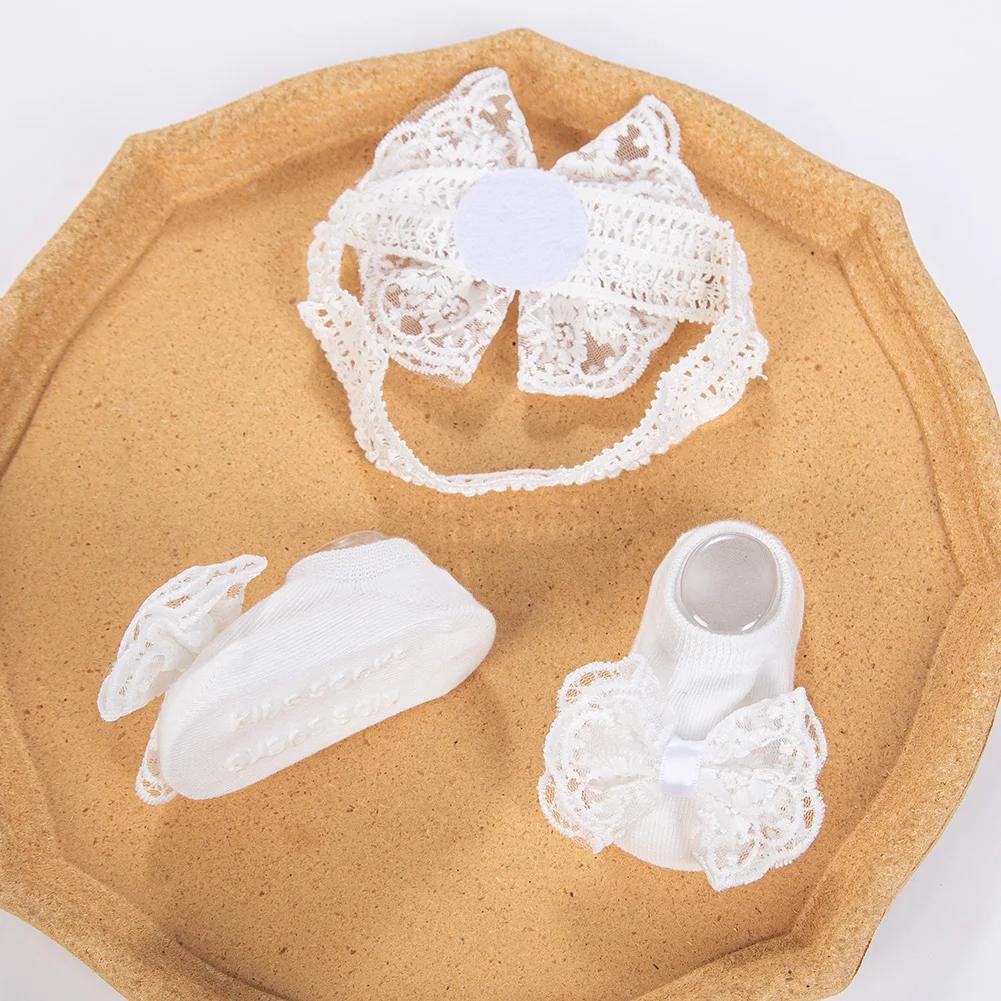 3 pièces/ensemble crème dentelle bébé bandeaux et chaussettes nouveau-né princesse filles large stra