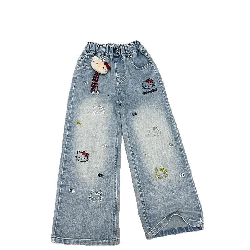 Jeans à jambes larges pour filles, printemps-automne, taille haute, pantalon long, vêtements pour en