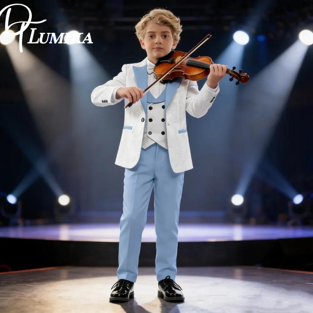 Costume formel classique 4 pièces pour garçons, blanc et bleu ciel contrasté, blazer, gilet et panta