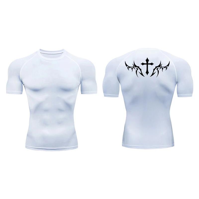 Chemises de Compression à manches courtes pour hommes, imprimé croisé, t-shirts athlétiques à séchag