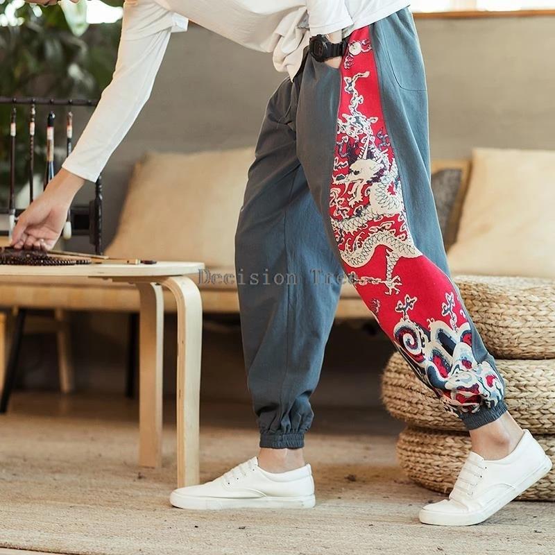 Pantalon costume Tang homme style ethnique chinois - Dragon coton lin été décontracté