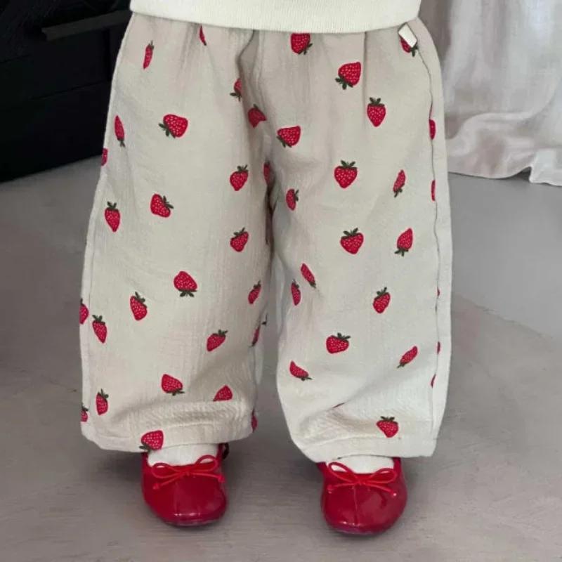 Pantalon d'automne pour fille, imprimé fraise, taille élastique, abricot, Long, décontracté, pour en