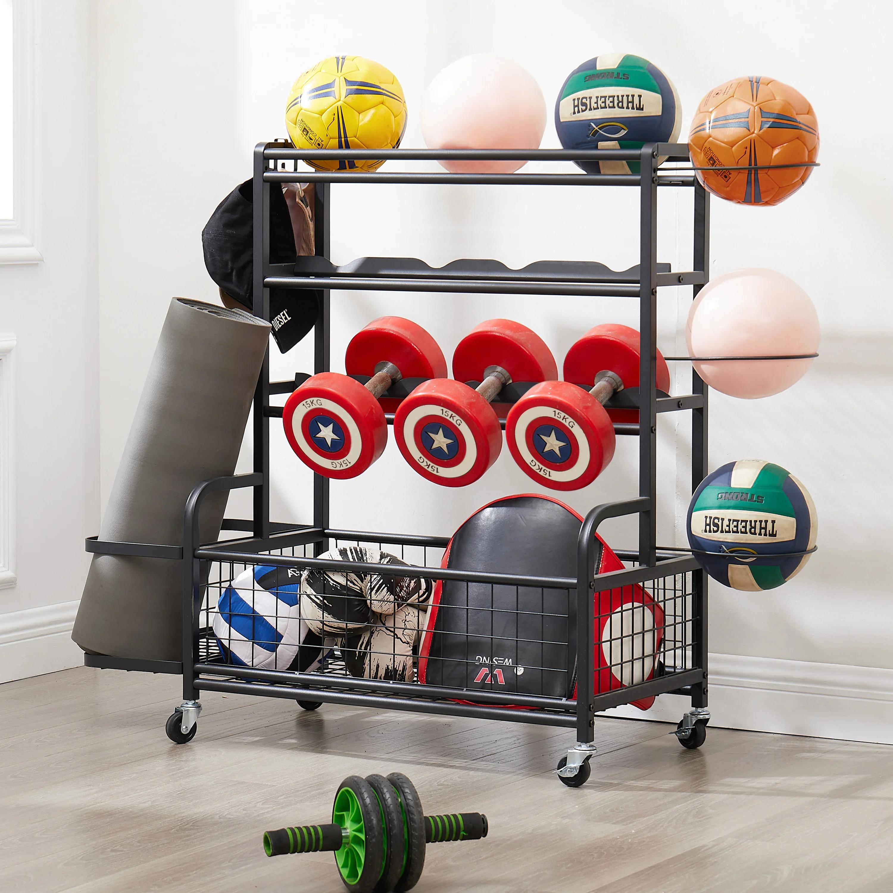 Polymères de stockage en métal à 4 niveaux avec roues roulantes, équipement de sport de basket-ball,