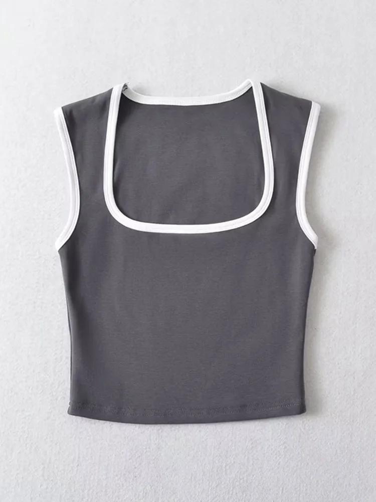 Débardeur sans manches pour femme, Slim, couleur contrastée, décontracté, col carré, haut court, vêt