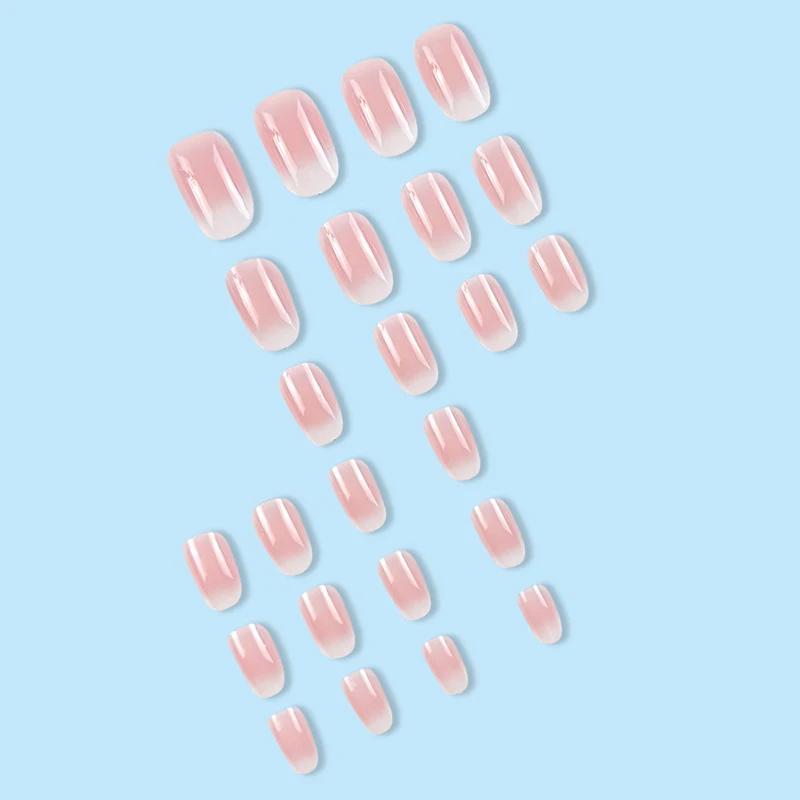 Faux ongles courts ovales dégradés rose pour femmes et filles, finition brillante, couverture complè