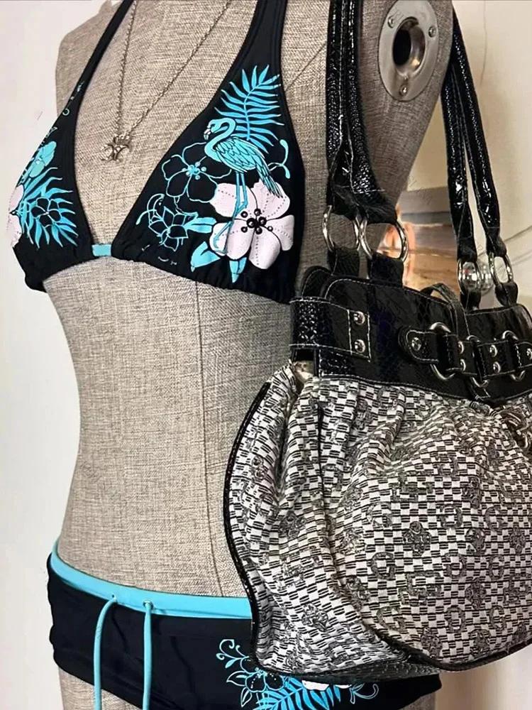 Vintage fleur imprimé Cutie ensemble Bikini 2000s maillot de bain Sexy femmes bain mode licou maillo