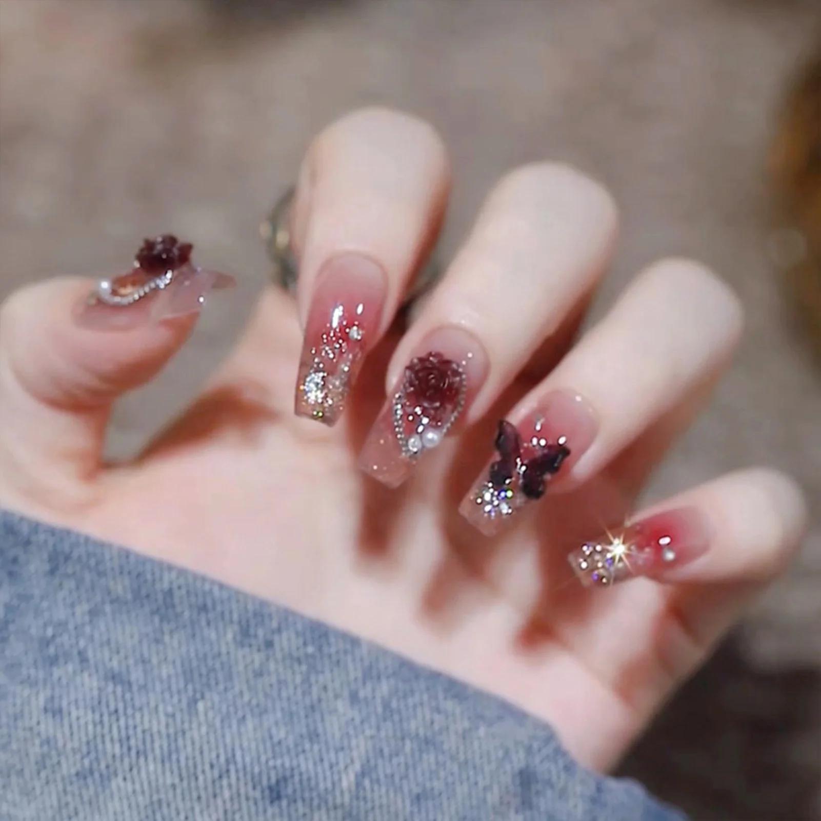24 pièces faux ongles mi-longs 3D fleur perle conçoit couleur rose chair presse sur ongles ballerine