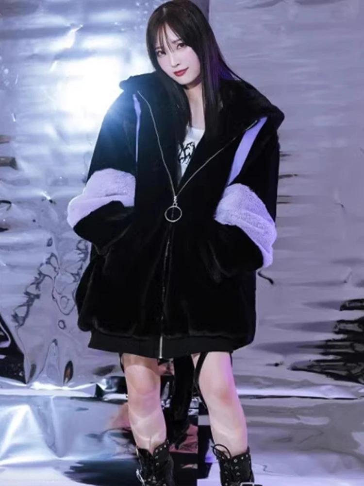 Mauroicardi hiver épais chaud doux mignon violet et noir couleur bloc fausse fourrure manteau femmes
