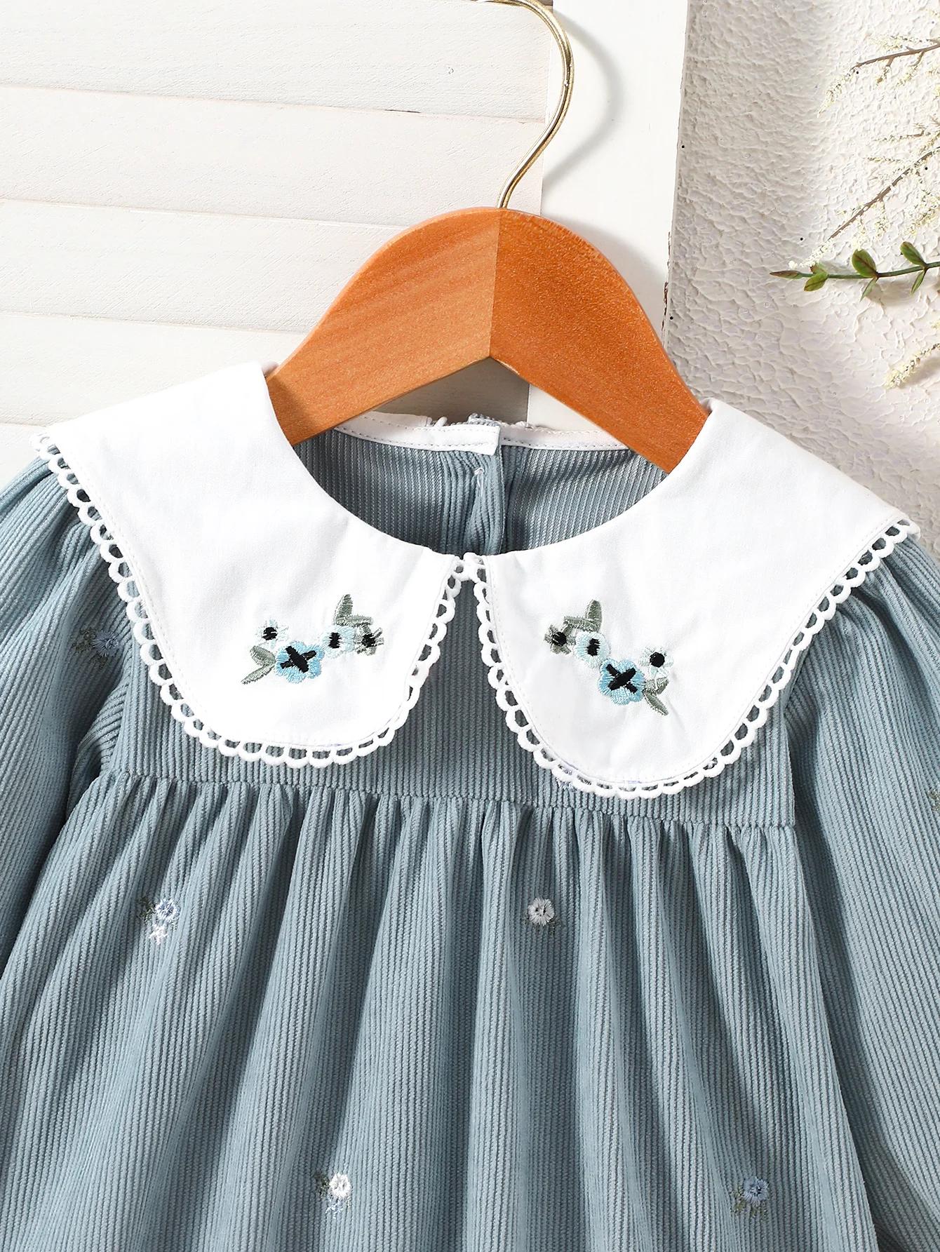 Robe en velours côtelé brodée de fleurs pour jeunes enfants, col brodé bicolore, robe à manches long
