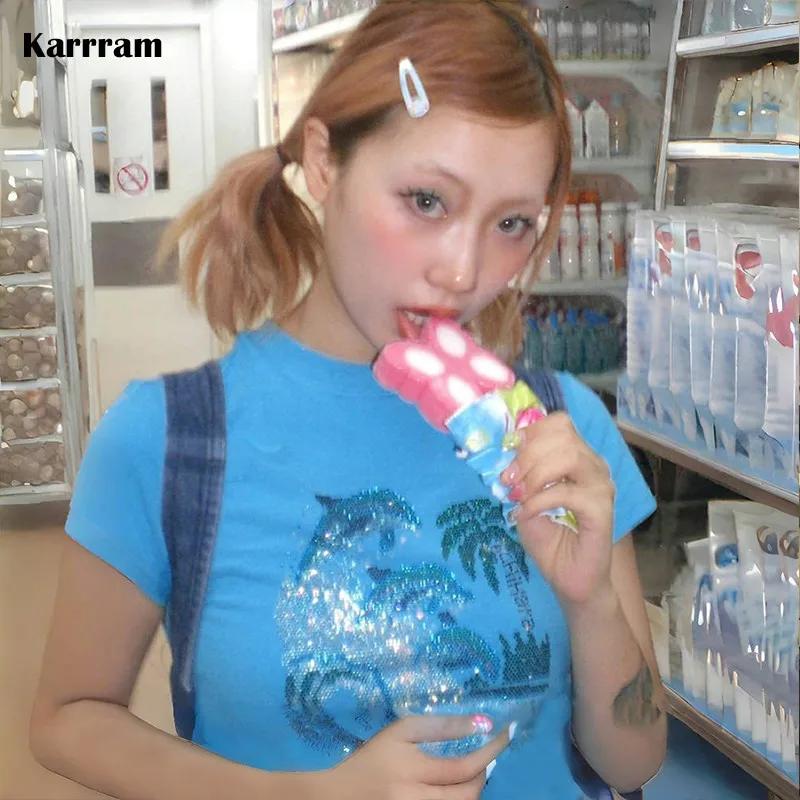 Karrram japonais Y2k strass T-shirt Vintage Harajuku diamant imprimé t-shirts Trashy 2000s esthétiqu