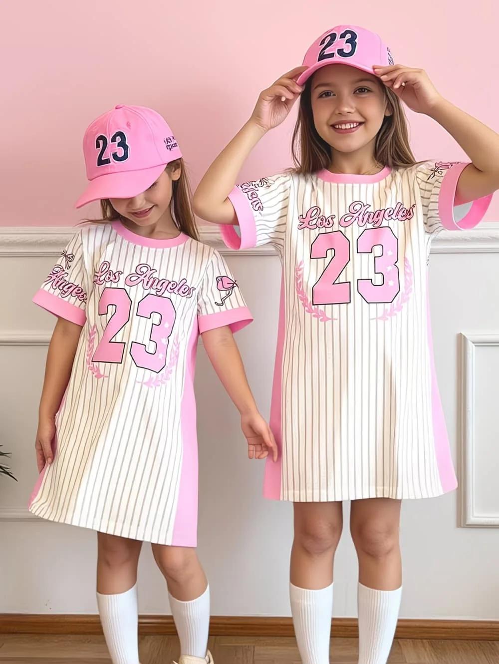 Robe de sport pour filles, imprimé 3D, col rond, manches courtes, robes d'été, style sport baseball,