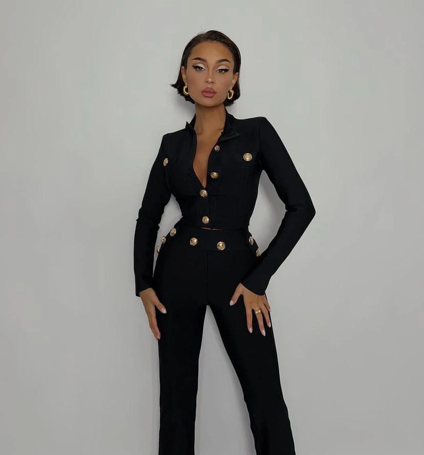 Nouveau Style d'automne couleur noire femmes à manches longues bouton rayonne Bandage manteau pantal