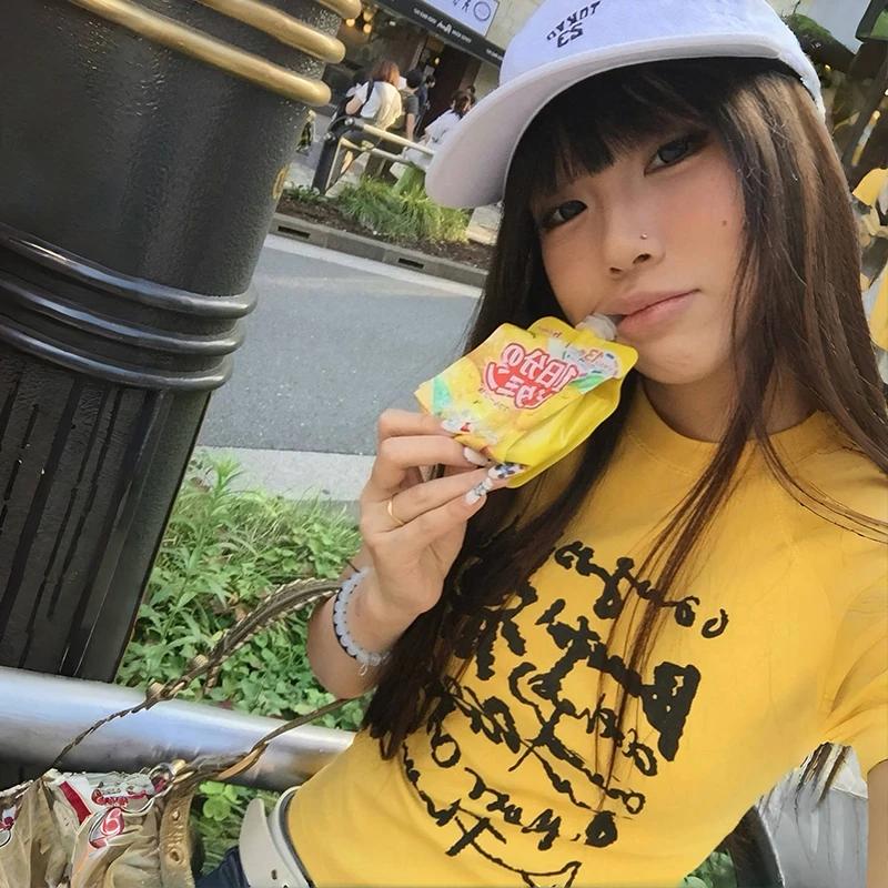 Karrram japonais Y2k lettre impression T-shirt Vintage Harajuku haut court Trashy 2000s Style à manc