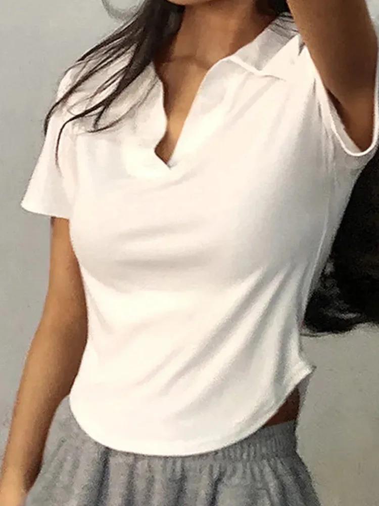 Haut à revers à manches courtes pour femmes, couleur unie, col en v, chemises rétro douces, haut cou