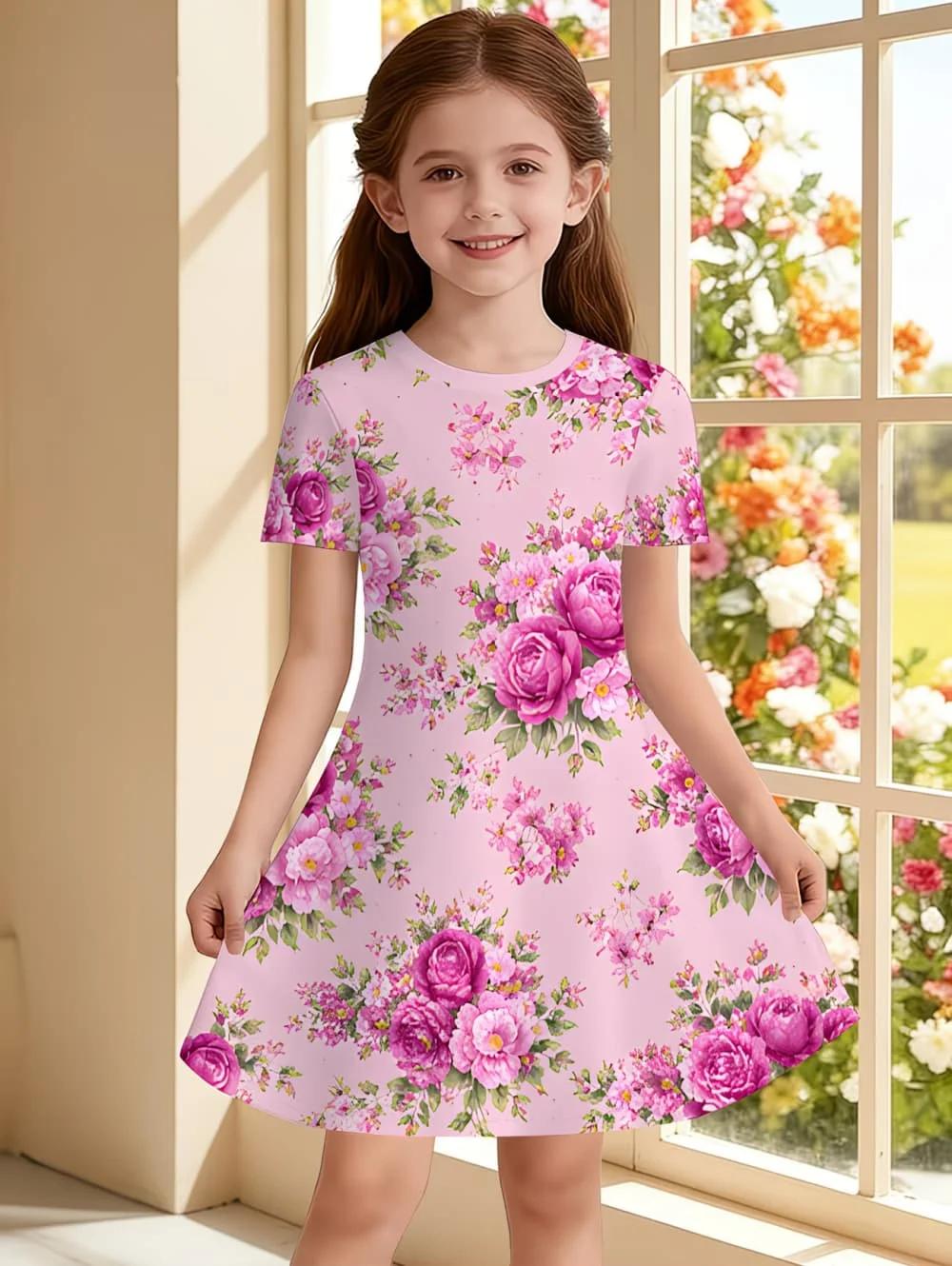 Robes pour filles, robe à manches courtes avec imprimé floral coloré, robe de princesse pour vacance