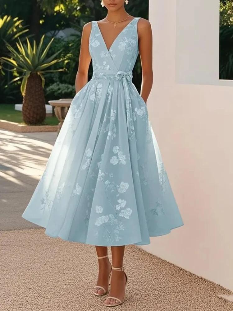 Robe longue élégante imprimée à col en V, sans manches, en maille, avec nœud à la taille, pour femme