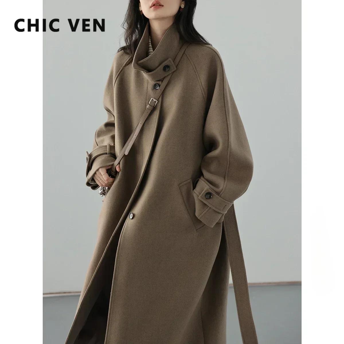 CHIC VEN-Long manteau trench pour femme, manteau en laine à lacets, pardessus à manches Leurs lan, c