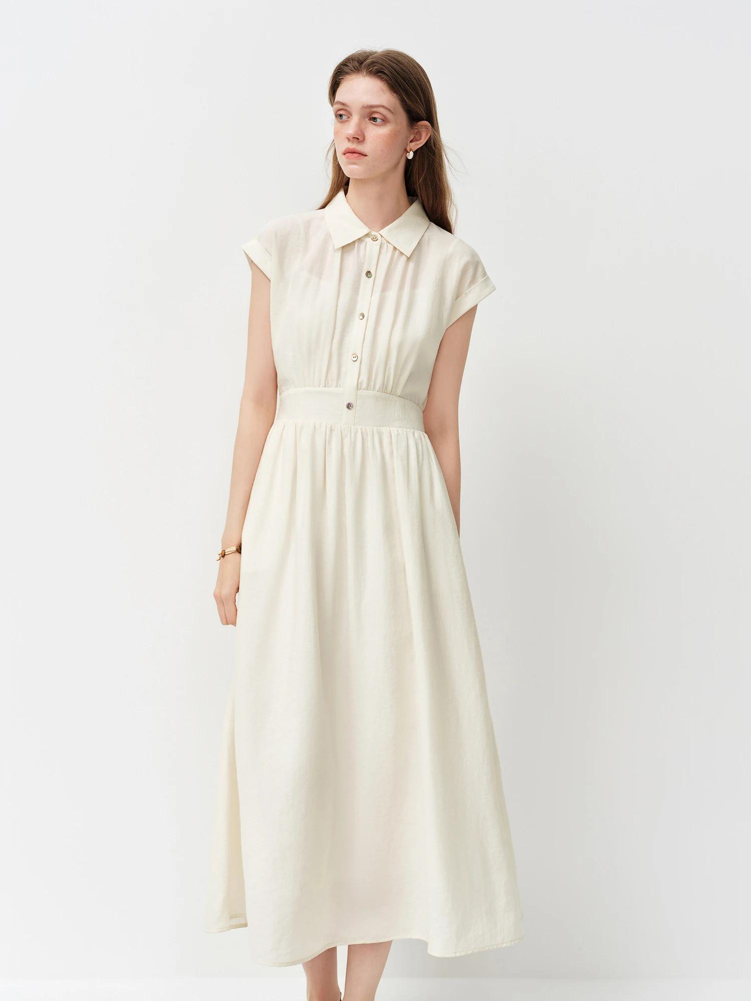 Robe mi-longue en lin coupe trapèze à col rabattu sans manches et taille ajustée en tissu Lyon, nouv
