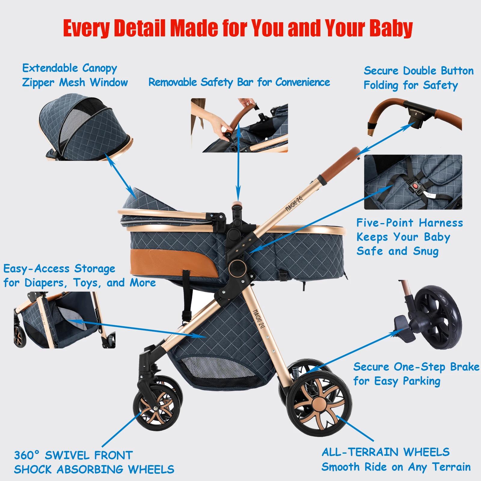 Siège auto pour bébé, poussette 3-en-1, système de voyage, poussette pliable légère avec harnais de 