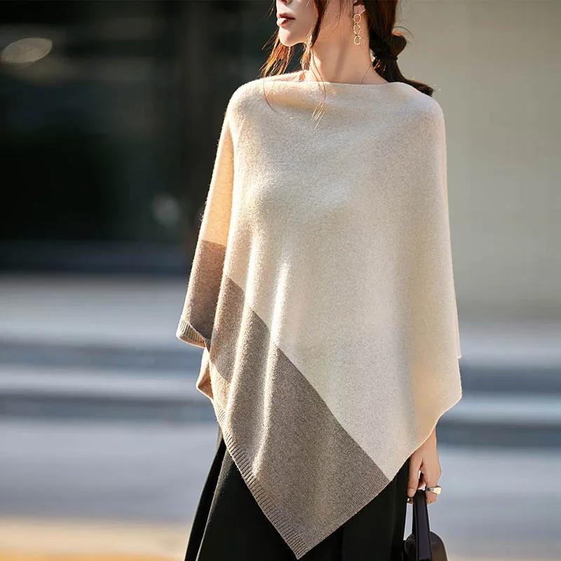 Cape en laine mérinos pour femmes, pull-over, châle, Style Simple, bureau, mi-longue, contrastée, au