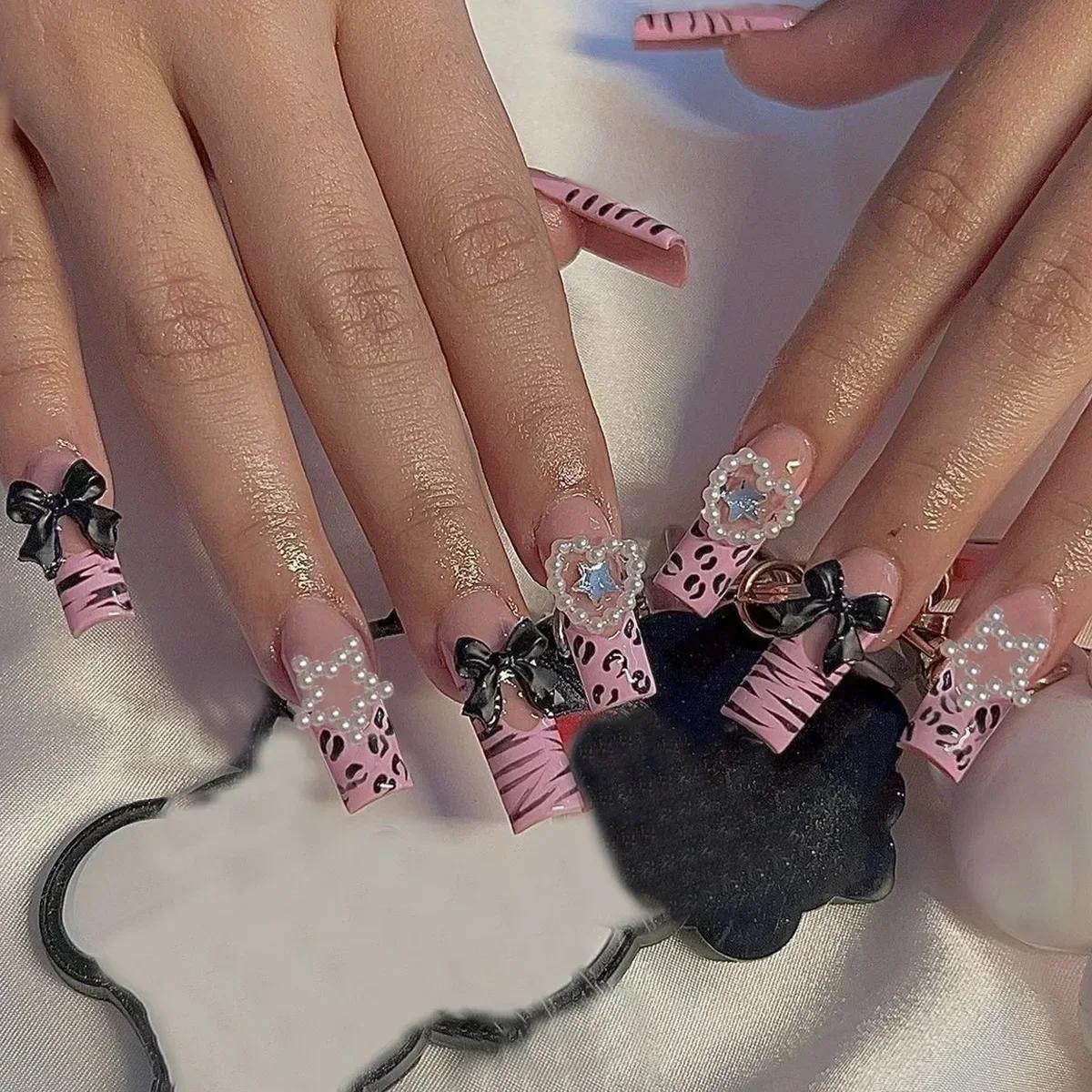 Faux ongles français à motif zèbre rose, à pression, en forme de cercueil, carrés moyens, Y2k, couve
