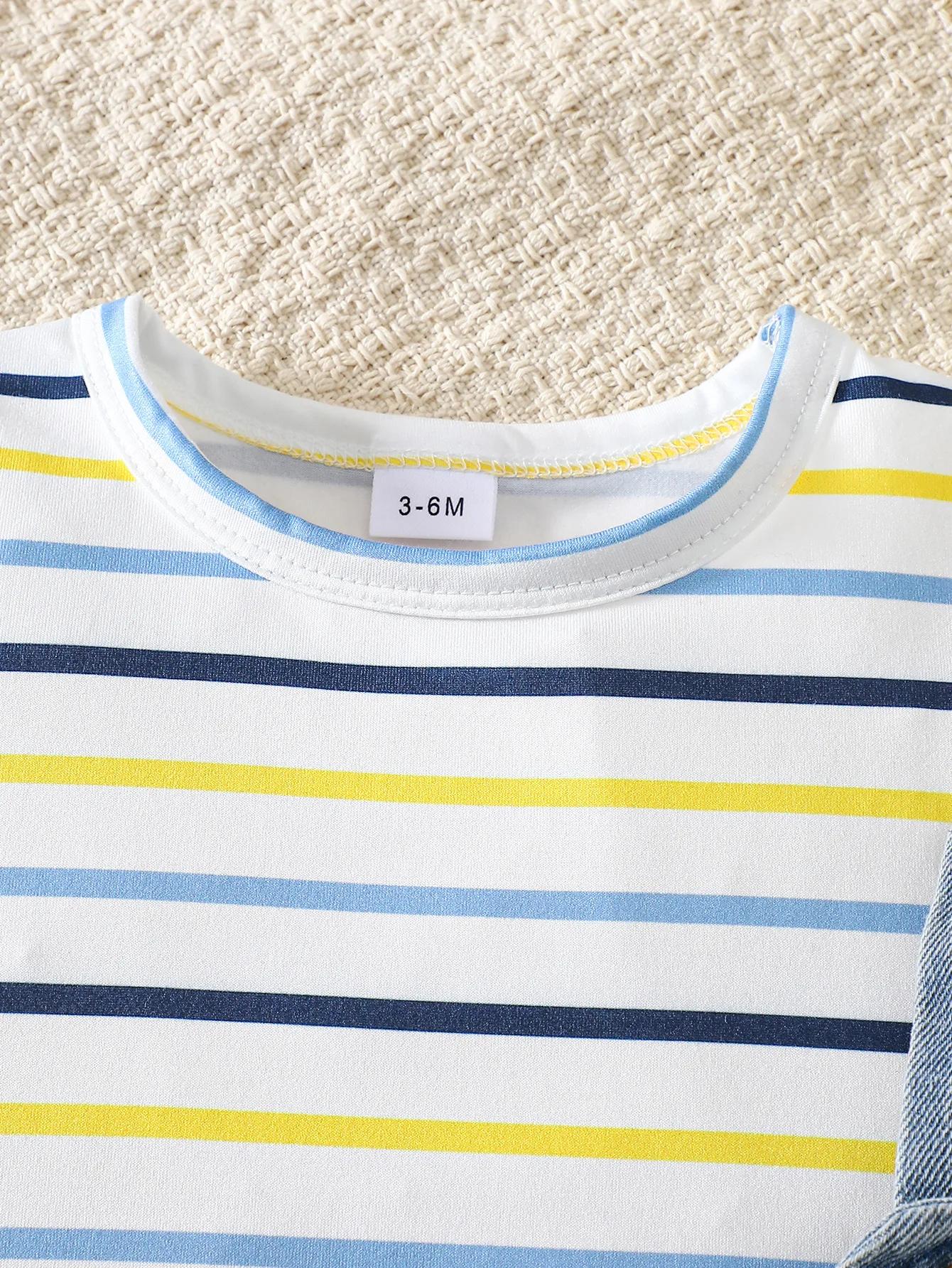 Ensemble t-shirt rayé à manches courtes et salopette en jean pour bébé garçon, ensemble deux pièces