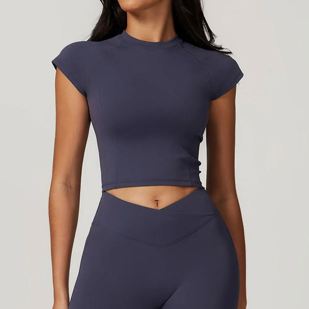 T-shirt de sport sexy à manches courtes pour femme, vêtement d'entraînement, de yoga, serré, de cour