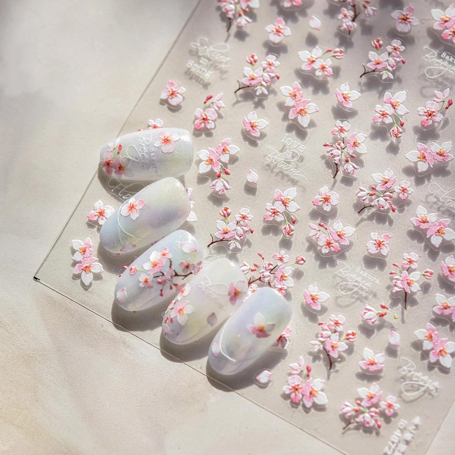 Autocollants 5D en relief pour ongles, motif fleur de cerisier, auto-adhésifs, pour manucure DIY, co
