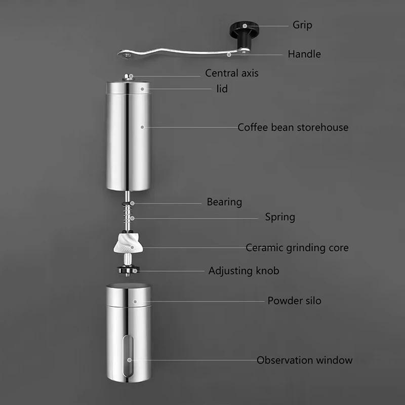 Moulin à café manuel Portable en acier inoxydable, avec bavures en céramique, paramètres réglables, 