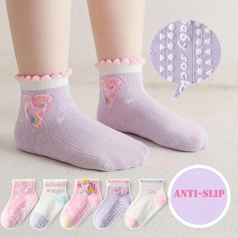 5 chaussettes pour filles à double maille, design licorne avec colle, tube court antidérapant, pour 