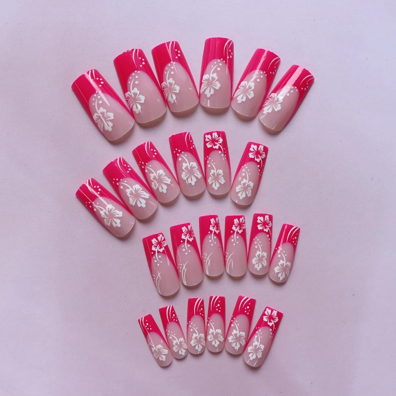 24 faux ongles en forme de cercueil imprimé rouge fleur de cerisier douce, couverture complète, blan